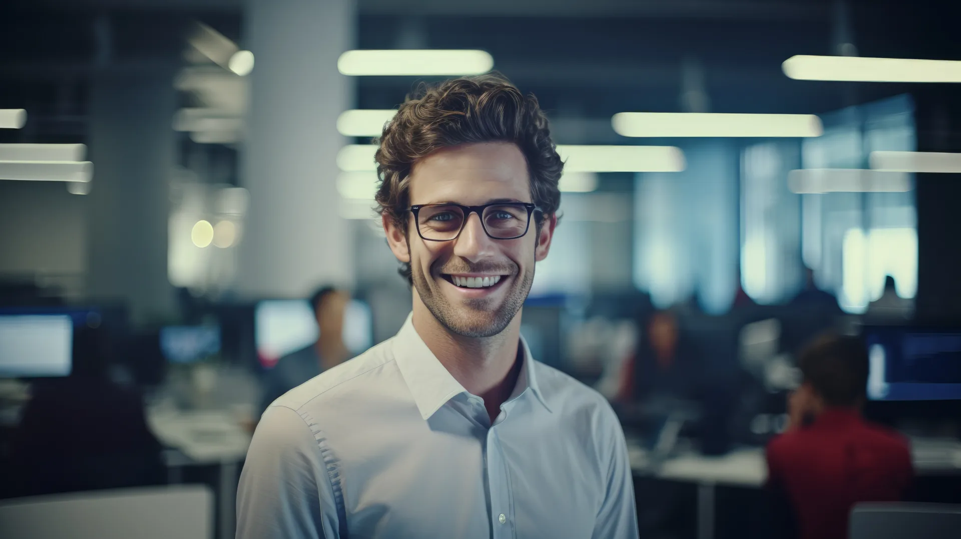 portrait of a young handsome white american nerdy it software developer programmer worker with glasses and curly hair. modern office, many computers and workers in the blurry background. generative ai