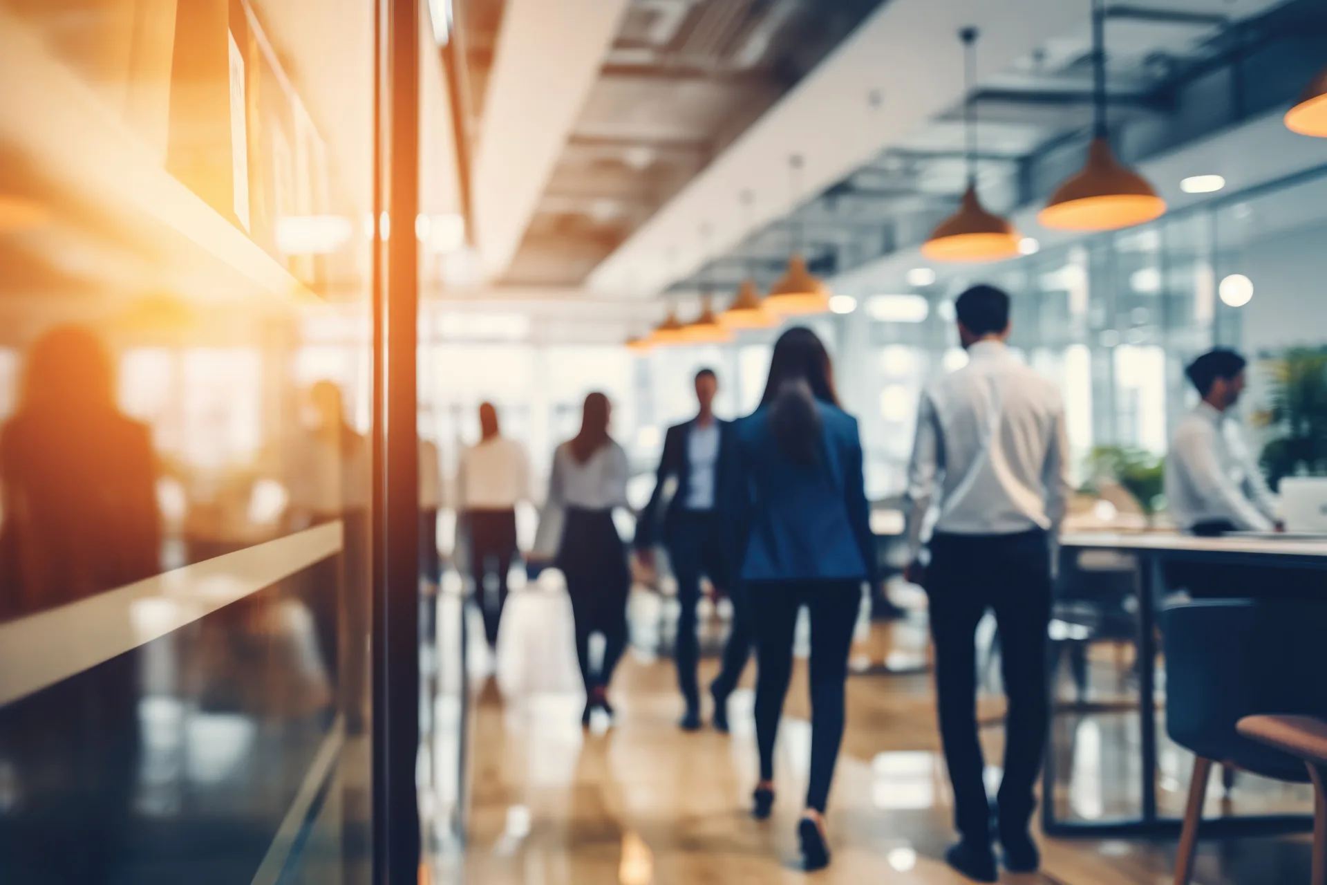 blurred picture of business people walking and standing in an office