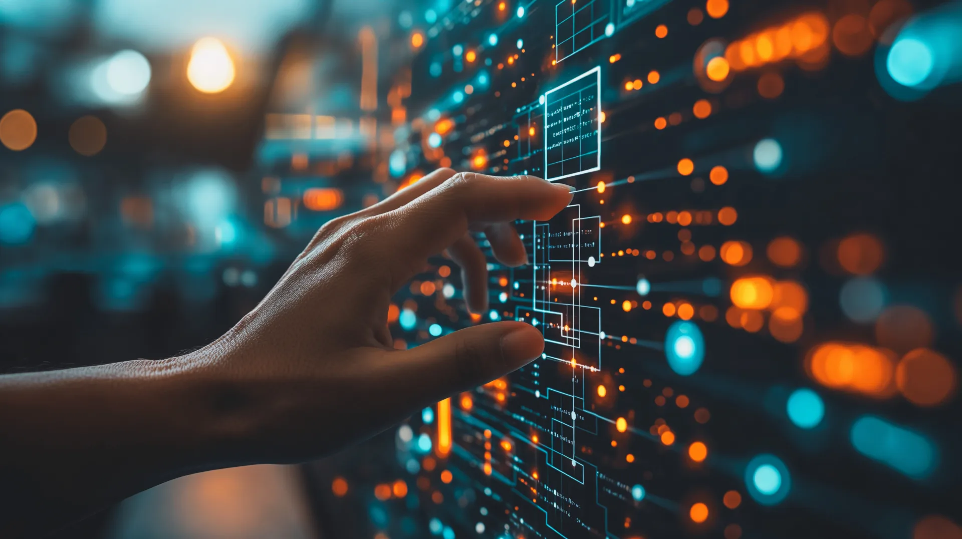 a hand is pointing at a computer screen with a lot of colorful dots