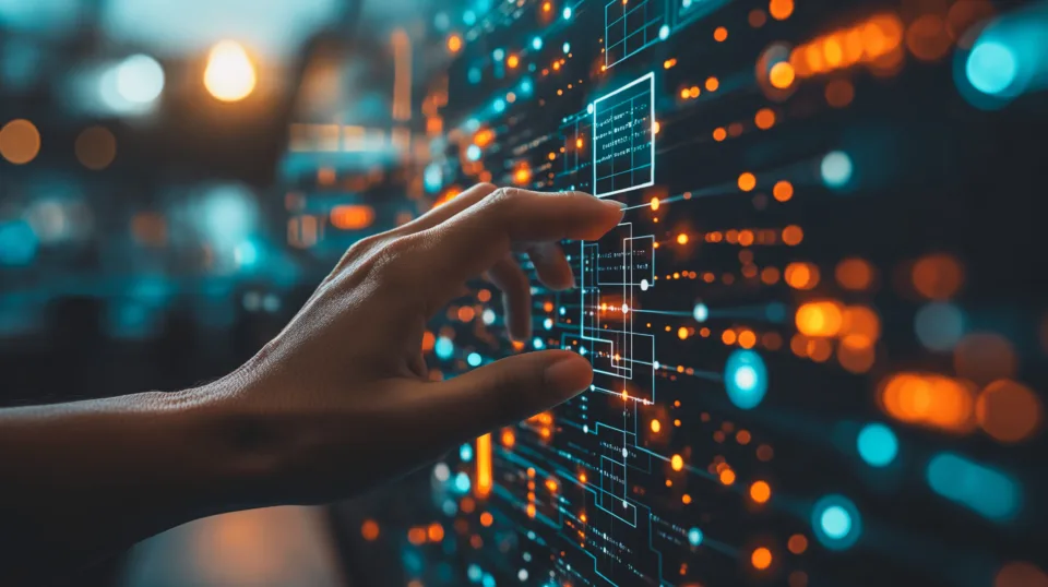 a hand is pointing at a computer screen with a lot of colorful dots