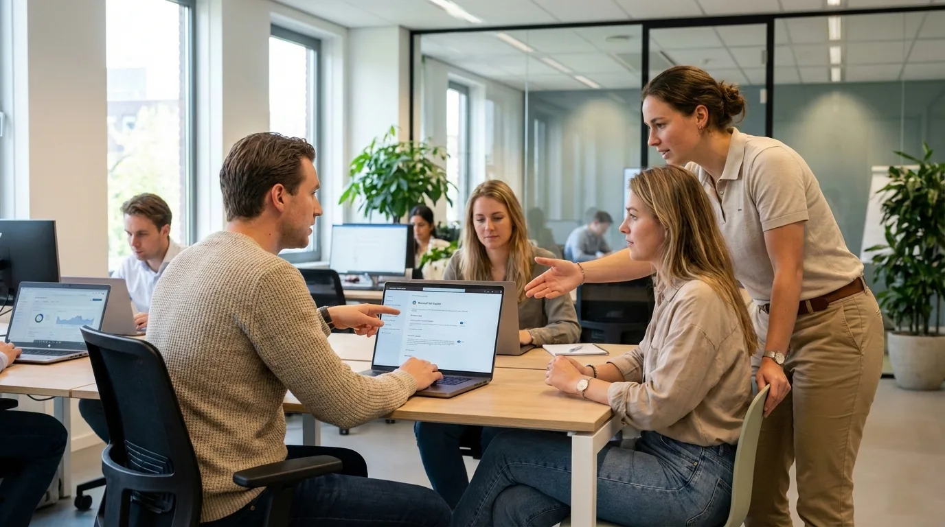 Drie collega’s werken samen aan laptops in een kantooromgeving terwijl een vierde persoon meekijkt. Op de bureaus zijn schermen zichtbaar met software-instellingen.
