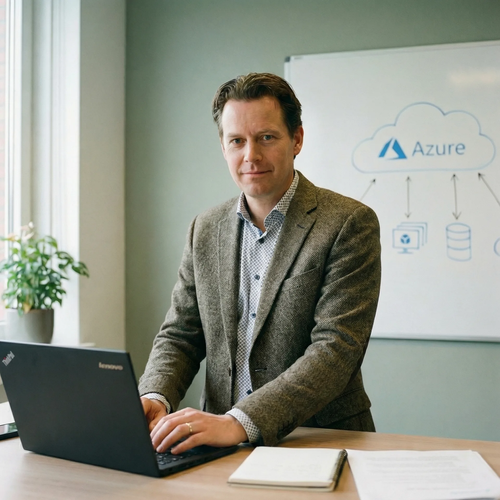 Man werkt aan bureau met Azure op de achtergrond